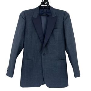 Vtg MALCOLM PLEWS Saville Row Mens Blazer Sz 36R  Blue Bow Tie Texture Satin 80s